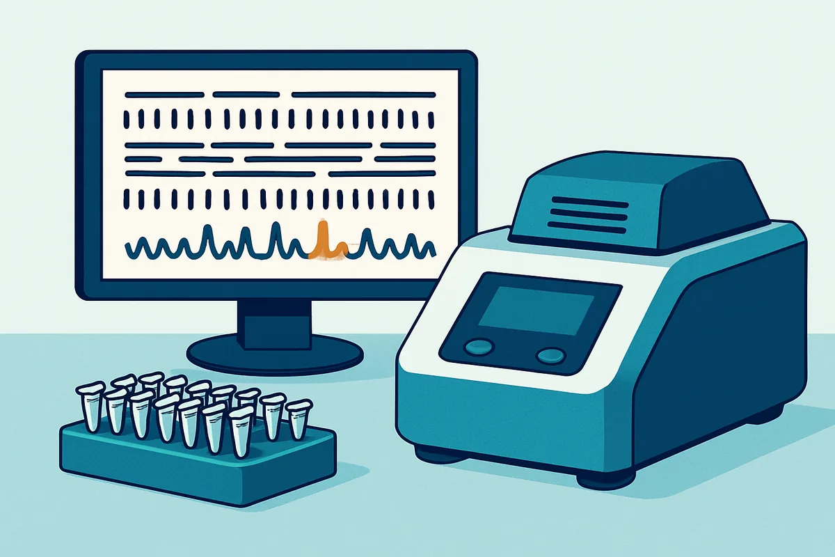 A molecular biology bench with PCR tubes, a thermal cycler and a sequence readout displayed on a monitor