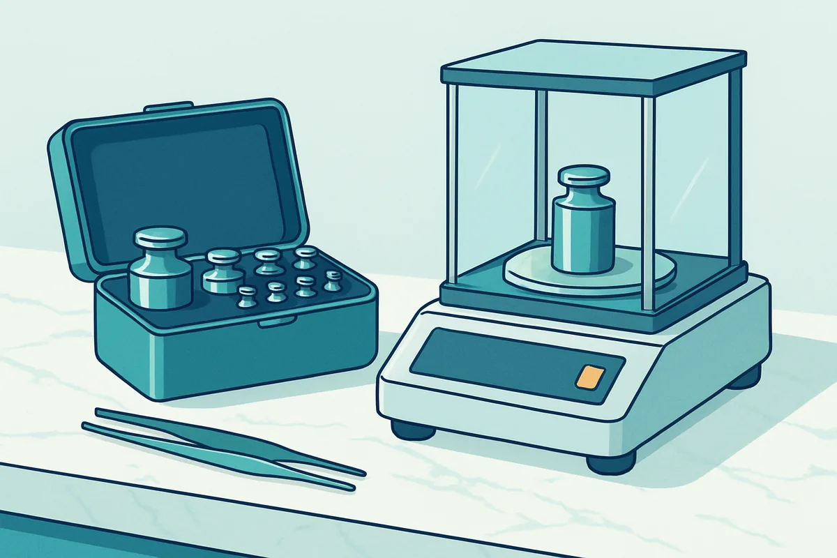 A set of calibration weights in a fitted case with forceps, beside a balance standing on a marble anti-vibration bench