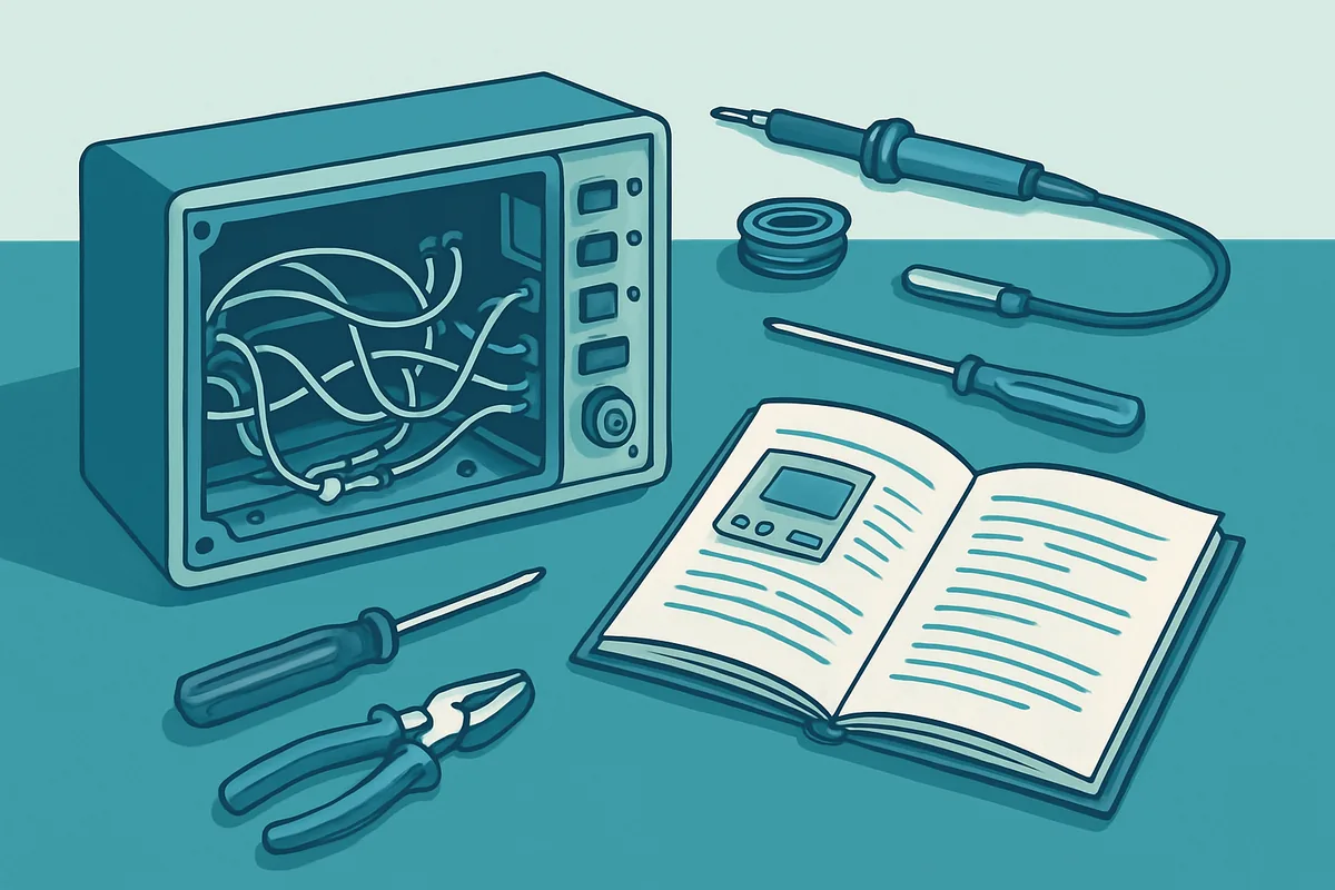 A technician workbench with an opened instrument panel, hand tools and a service manual laid out
