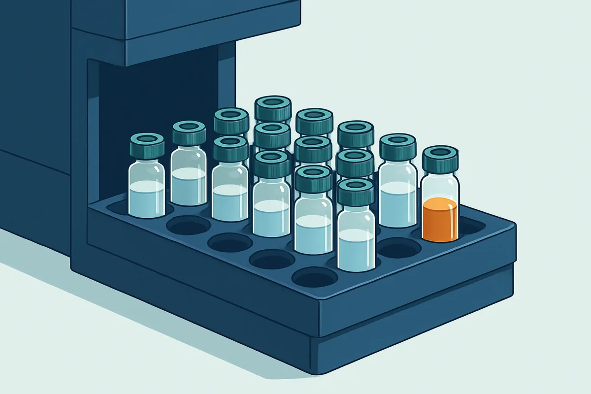 A high performance liquid chromatography autosampler tray loaded with prepared beverage sample vials
