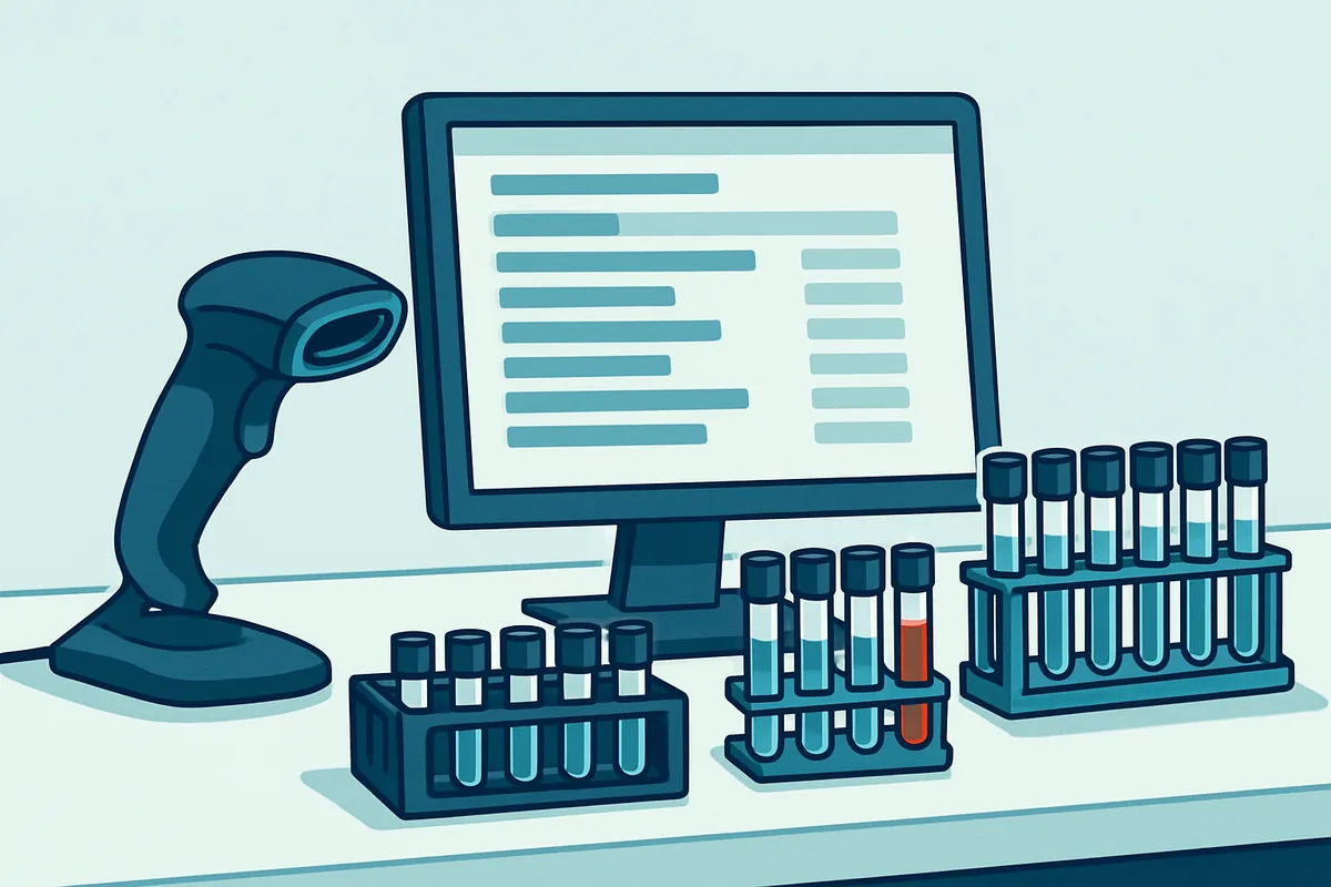 A laboratory bench workstation with a barcode scanner, racks of samples and an on-screen worklist