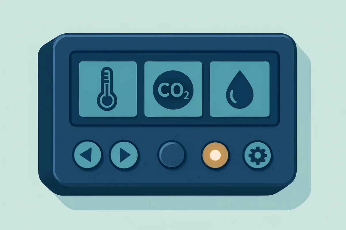 A control panel display on an incubator showing temperature, gas concentration and humidity readings