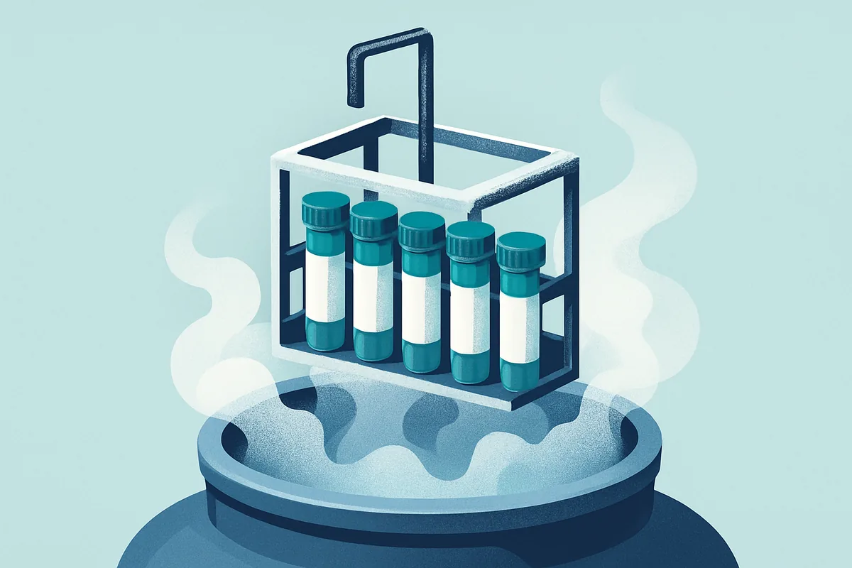 A frosted cryogenic storage rack lifted out of a nitrogen tank with vapour rising around rows of labelled vials