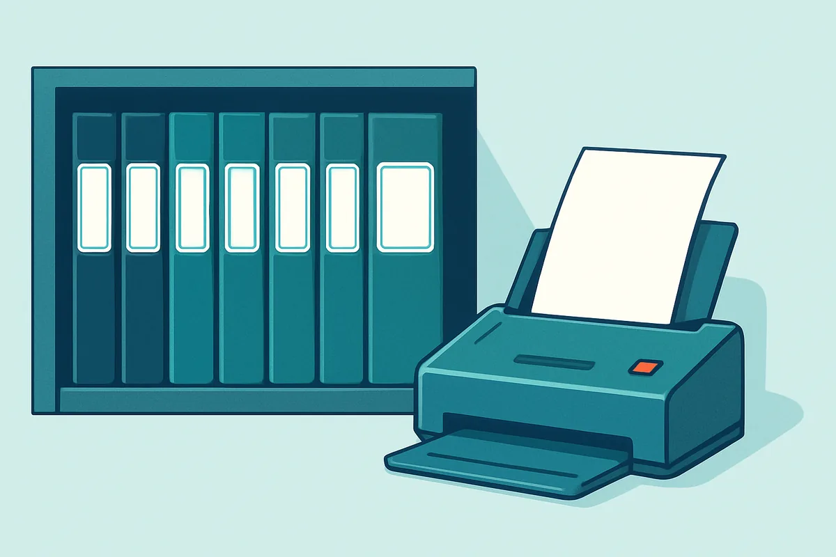A shelf of archived bound laboratory notebooks with dated spine labels, standing beside a document scanner