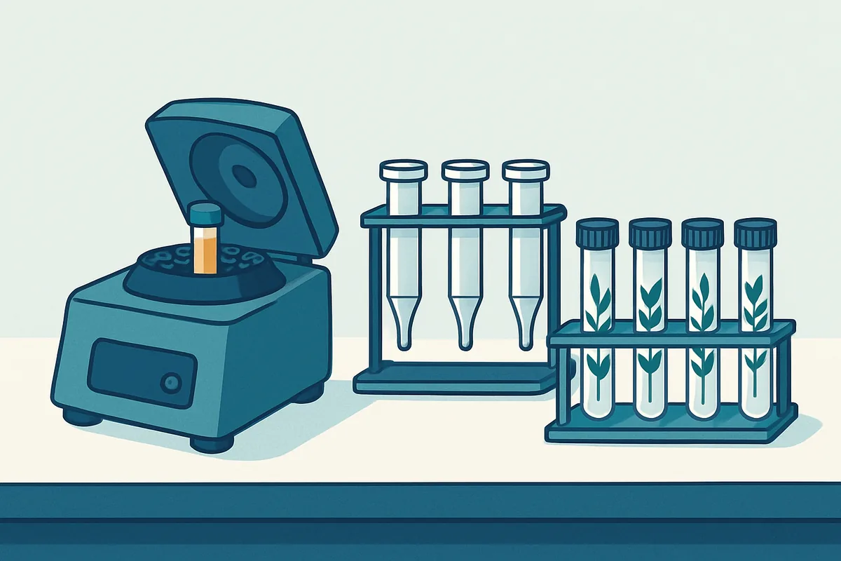 A laboratory bench with a microcentrifuge, extraction columns and labelled tubes of prepared plant samples