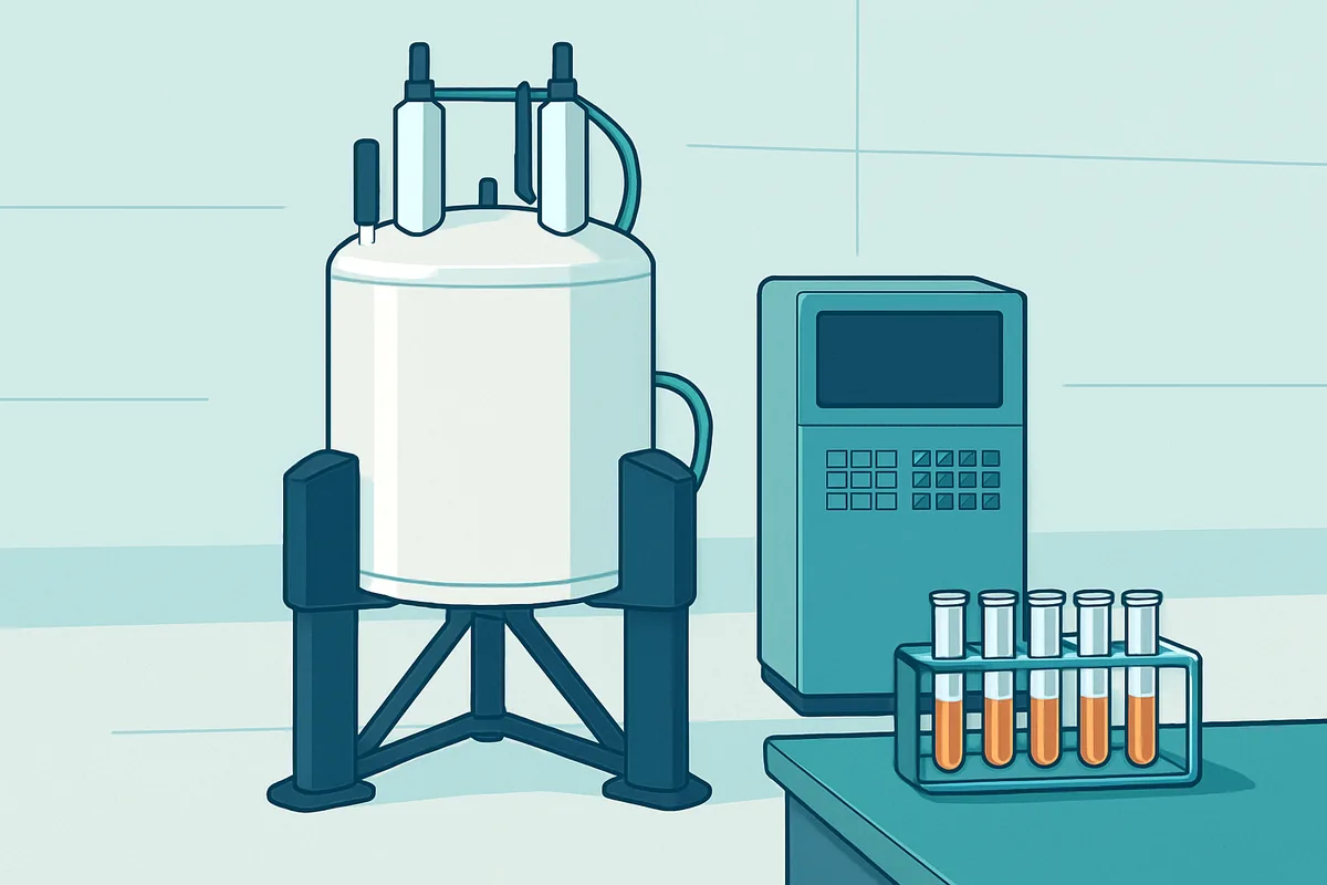 A nuclear magnetic resonance spectrometer in a laboratory with prepared sample tubes alongside