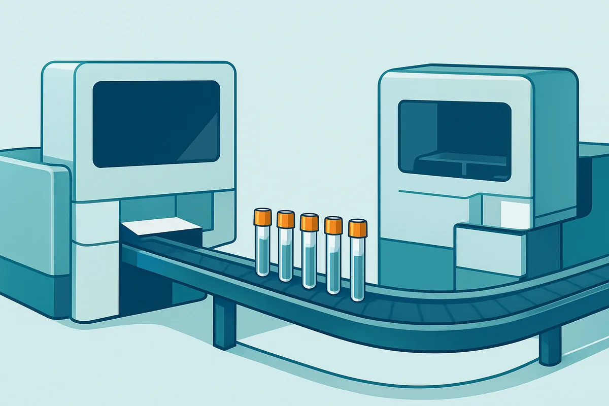 A clinical laboratory track system carrying sample tubes between analyser modules on a conveyor