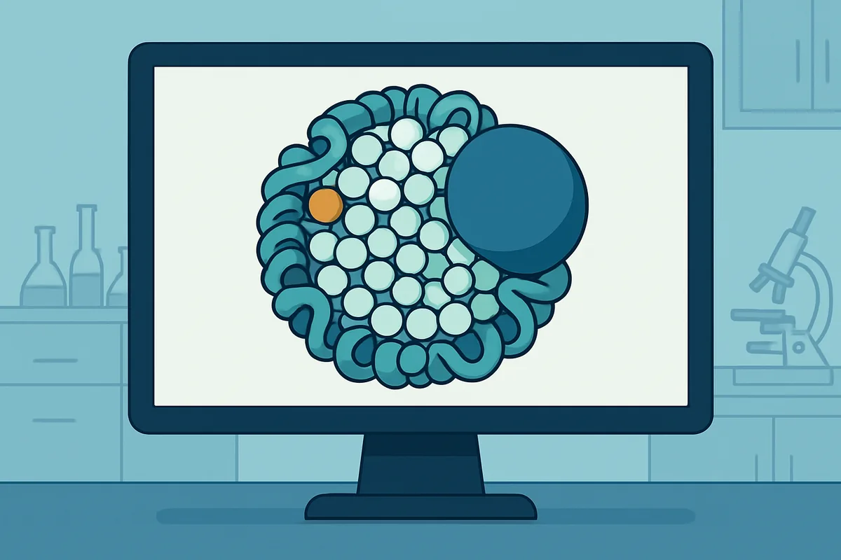 A molecular model of a lipoprotein particle displayed on a computer screen in a research laboratory