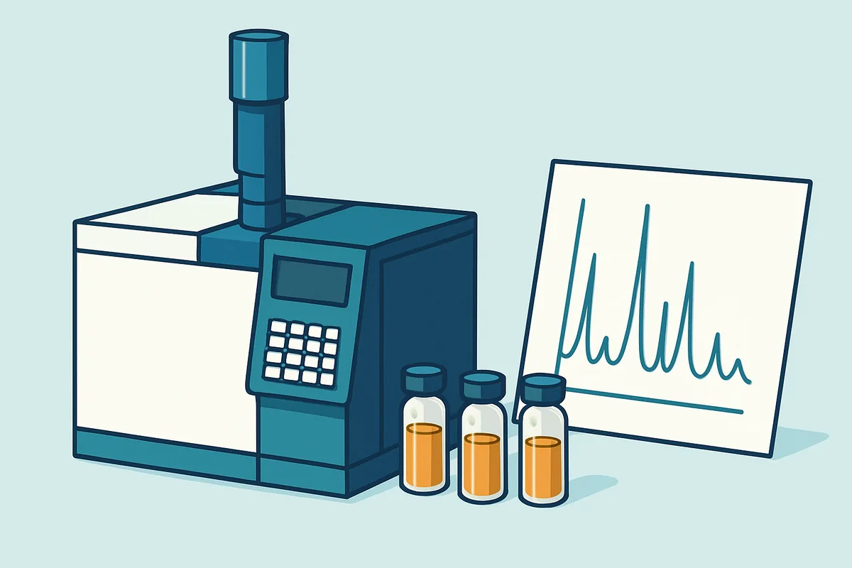 A gas chromatography instrument with prepared oil extract vials and a printed fatty acid profile alongside