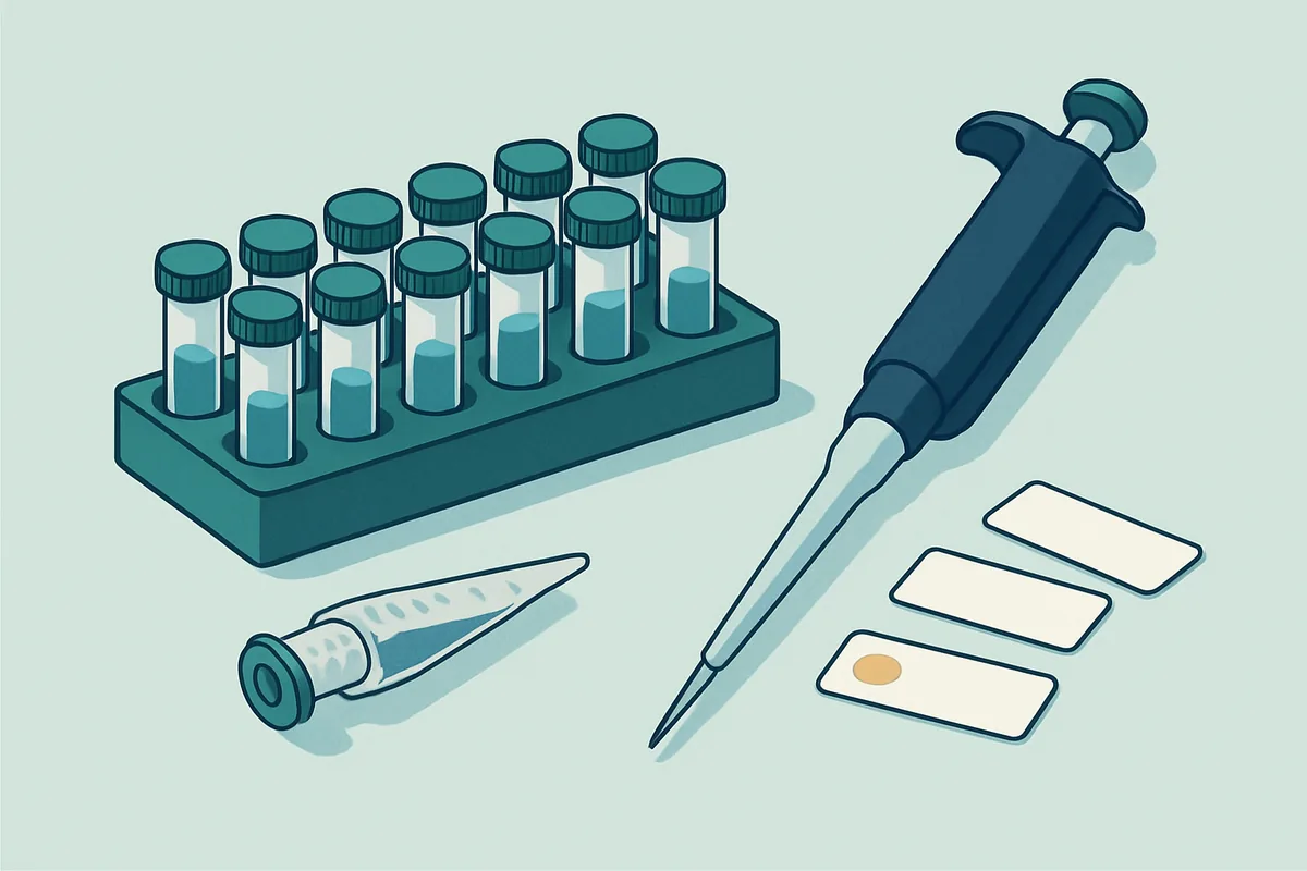 A rack of small tubes holding resuspended oligonucleotides beside a micropipette and printed tube labels