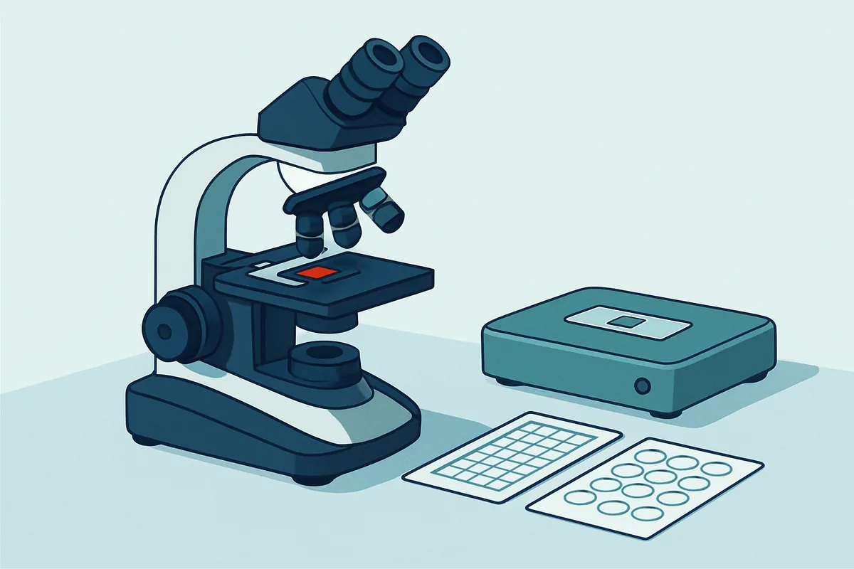 A phase contrast microscope beside a slide warming plate and printed laboratory counting charts