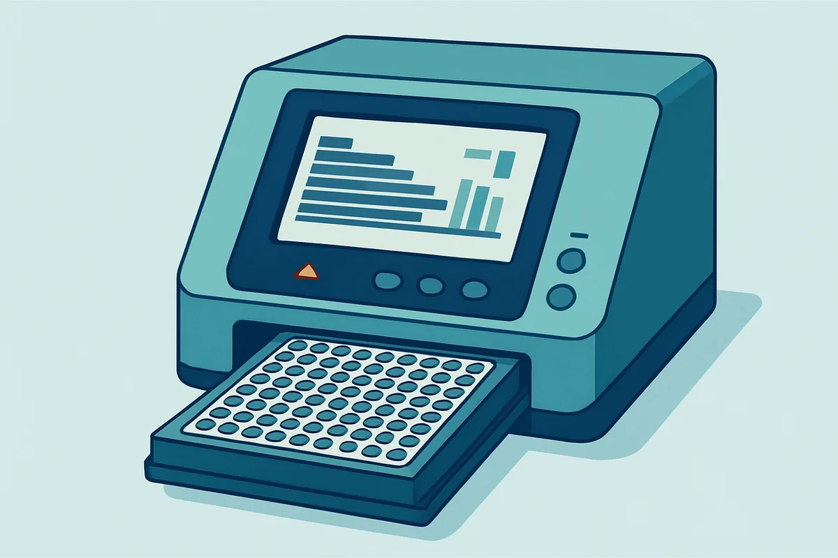 A microplate reader displaying absorbance values with a loaded ninety-six well plate visible inside