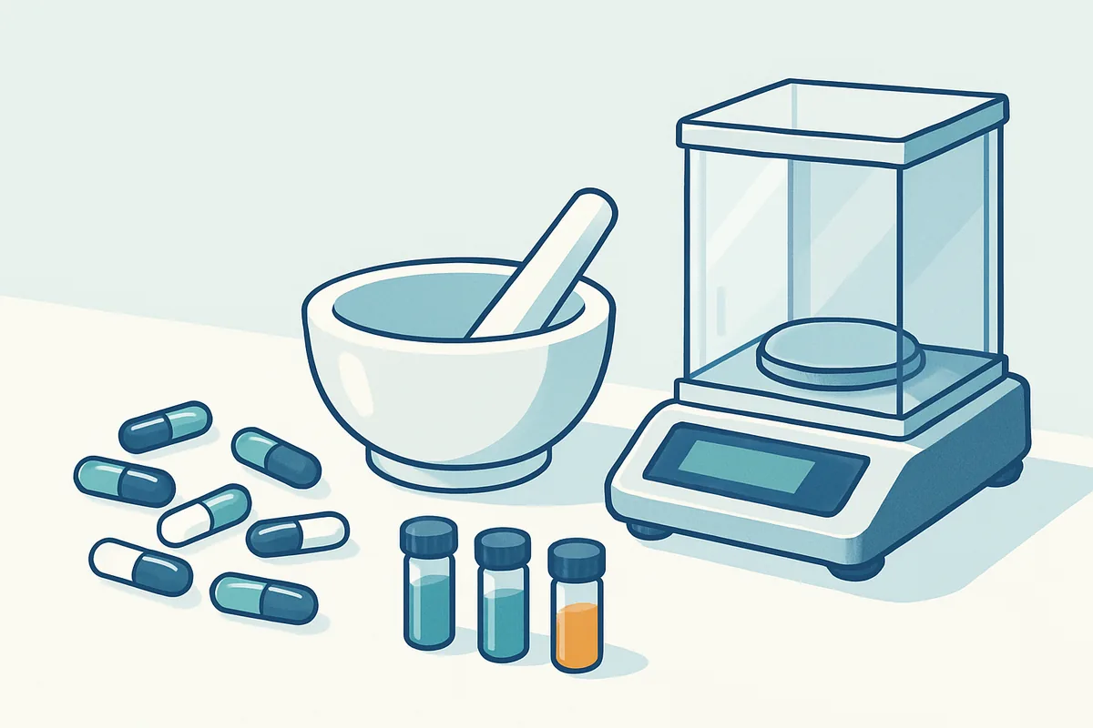 A laboratory bench with capsules, a mortar and pestle, sample vials and an analytical balance