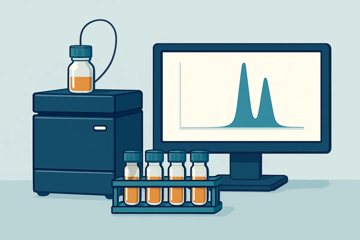 A chromatography system with prepared sample vials and a purity chromatogram displayed on a monitor