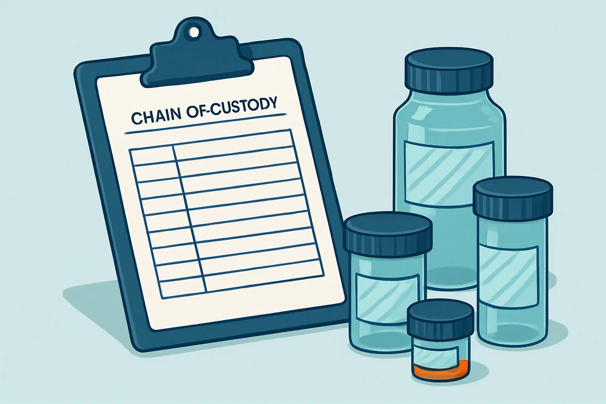 A chain of custody form on a clipboard beside sealed and labelled sample containers