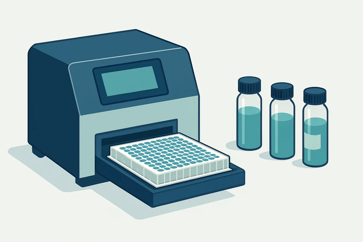 A microplate reader holding a loaded assay plate beside standard solution vials in a food testing laboratory