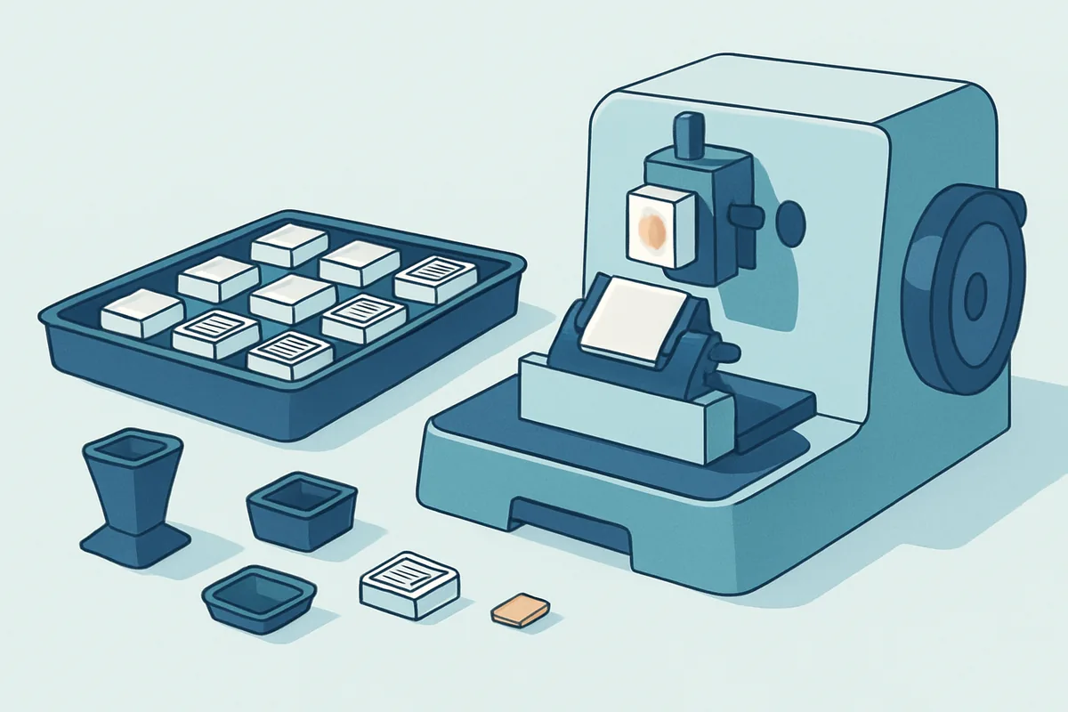 A tissue processing area with paraffin blocks, embedding moulds and a microtome