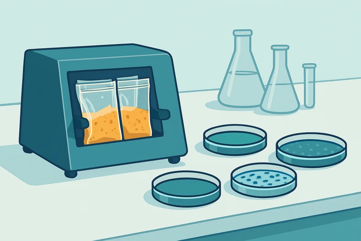 A microbiology laboratory with sample bags loaded into a stomacher and selective agar plates laid out on the bench