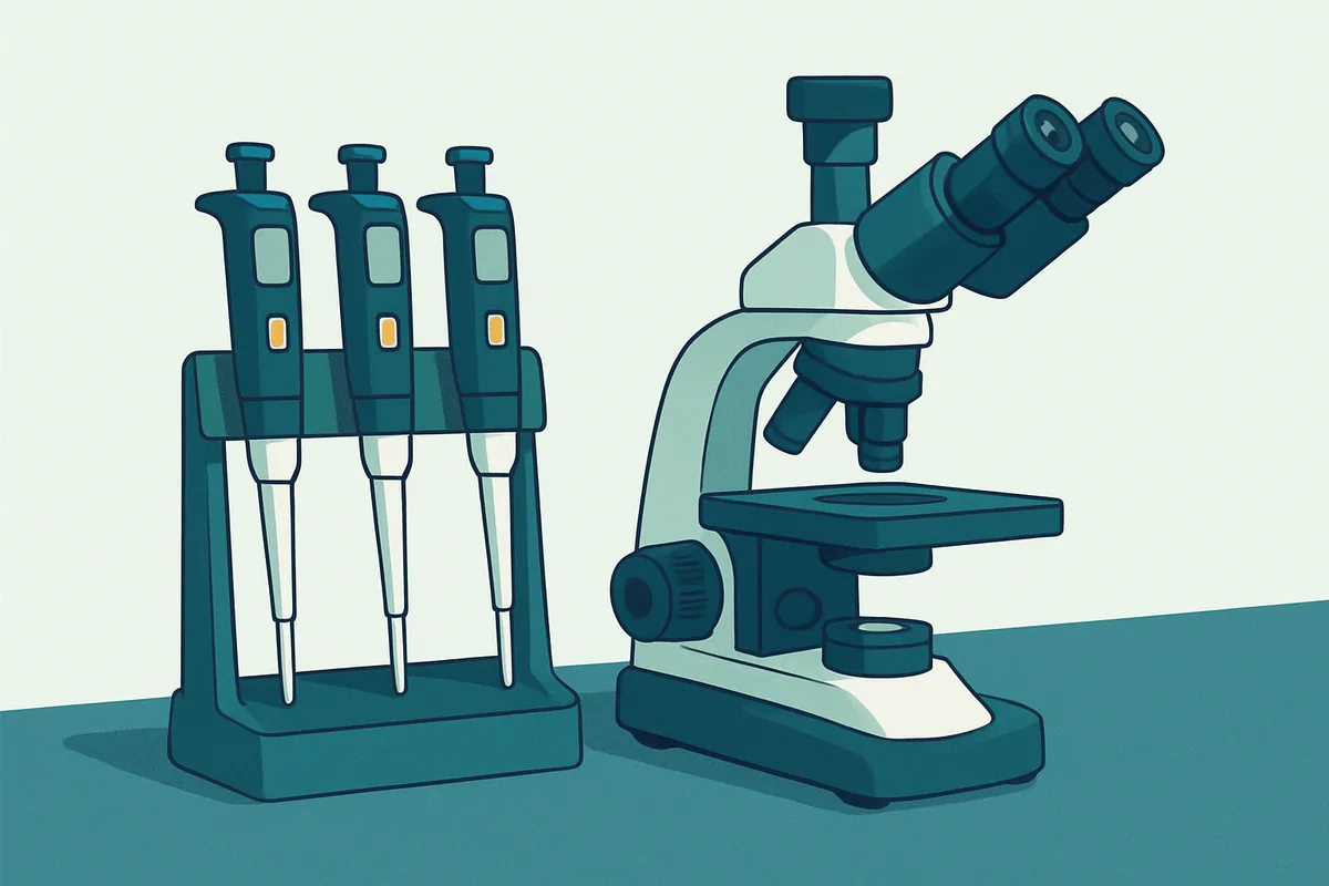 A laboratory bench holding electronic pipettes in a charging stand beside a microscope fitted with an adjustable eyepiece riser