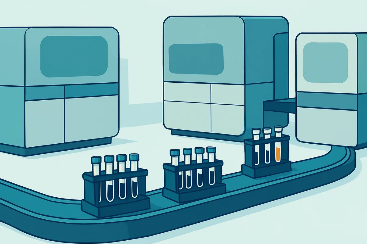 An automated laboratory track system carrying sample carriers between analyser modules