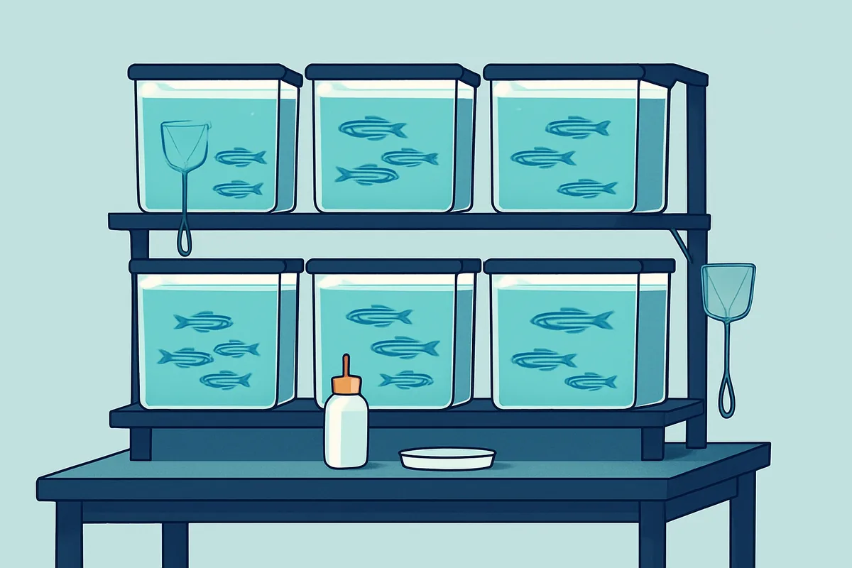 A research bench with zebrafish tanks lit from behind and small nets hanging on hooks beside them
