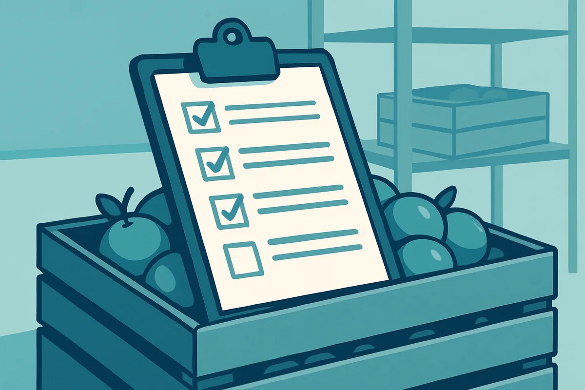 An inspection clipboard holding audit checklists resting on a crate of produce in a storage facility
