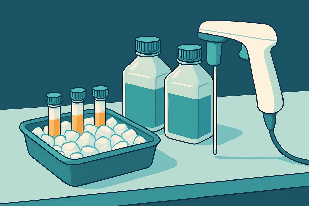 A laboratory bench with vials of matrix gel resting on ice beside culture media bottles and a pipette controller