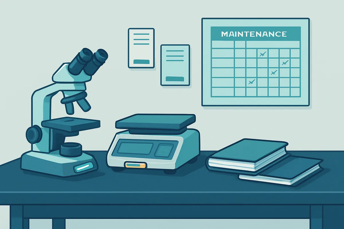 A laboratory bench showing equipment calibration labels, logbooks and a maintenance schedule on the wall