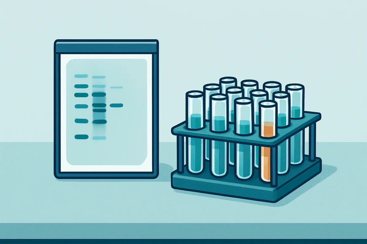 A cold room bench holding a stained protein gel showing purification fractions beside a fraction collector rack