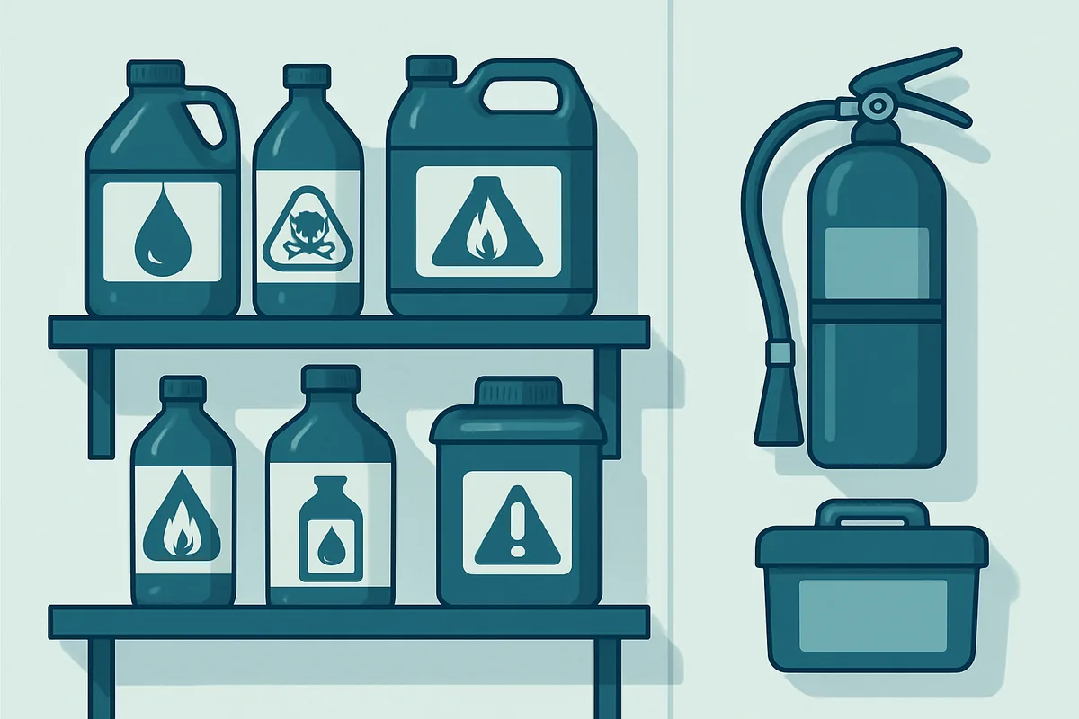 A shelf of clearly labelled chemical containers with a fire extinguisher and a spill kit mounted on the wall nearby