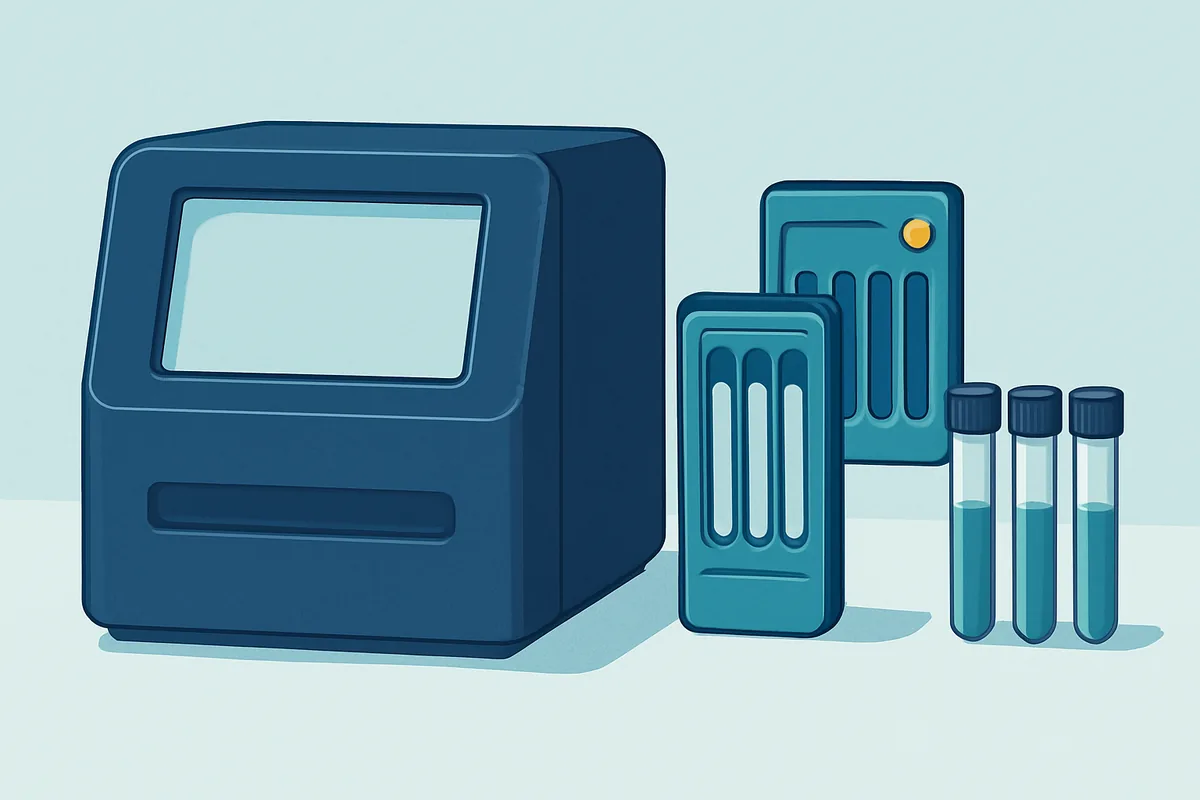 A molecular diagnostics instrument holding a multiplex cartridge beside sample tubes on the bench