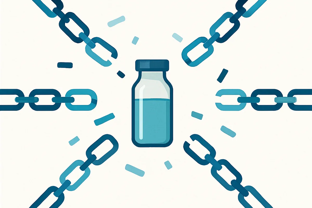 A diagram of four separate evidence chains converging on a single vial with several links missing