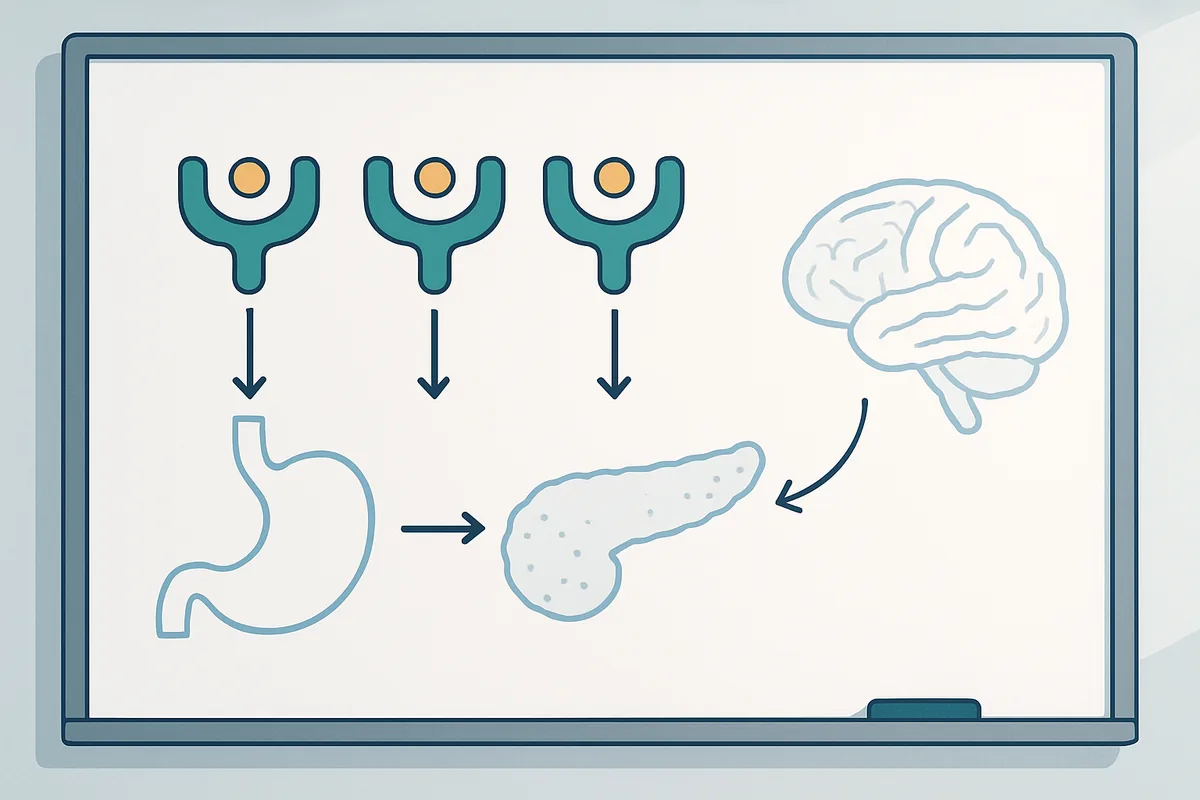 Three linked receptor icons on a whiteboard with arrows to outlines of a stomach, pancreas and brain
