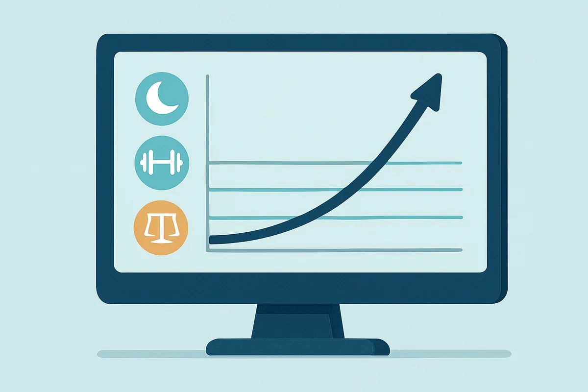 A chart contrasting a rising blood marker line with flat lines for sleep quality, strength and body composition