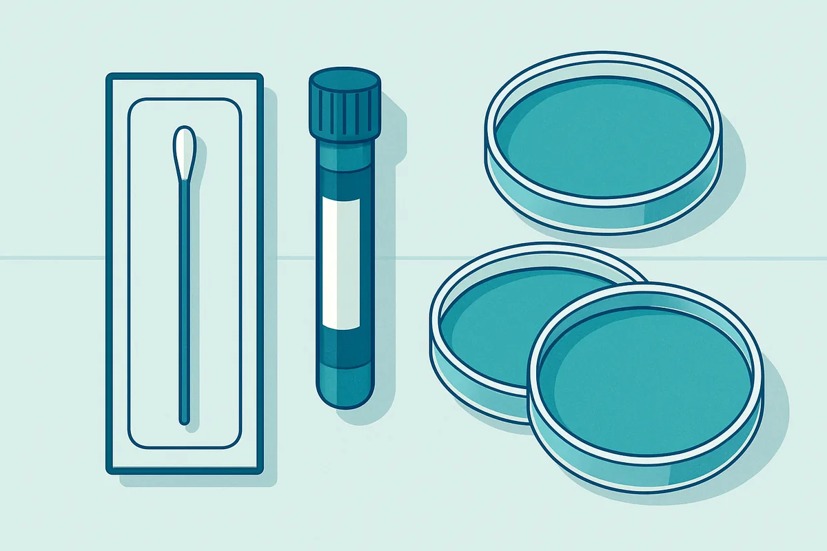 A swab sampling kit beside agar contact plates arranged on a laboratory work surface